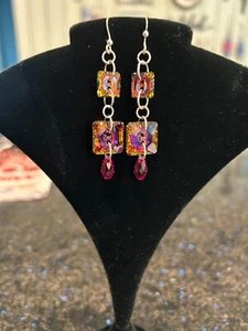Beautiful Dangly Ear Rings, Made with Swarovski Crystal Buttons, Crystal Volcan - Picture 1 of 3