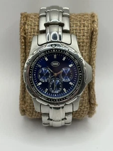Burn Mens Silver Blue Bezel Analog Quartz Watch~Day Date~New Battery - Picture 1 of 8