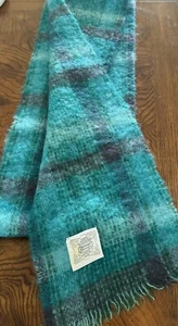 Donegal Design Scarf Mohair & Wool Blue Green Plaid Ireland 70" long - Picture 1 of 10