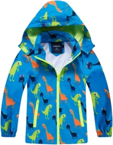 Waterproof Hooded Jacket for Boys Girls,Kids Raincoats Outdoor Windbreaker Dinos - Picture 1 of 12