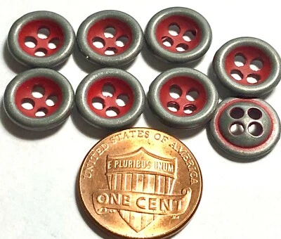 8 Small Gray Tone Metal 4-hole Sew-through Red Paint Buttons 11mm 7/16" 11765 - Image 1 of 3