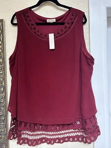 BNWT ADIVA MAROON SLEEVELESS TOP SIZE 2X/22 LONGER LINING LACE DETAIL - Picture 1 of 10