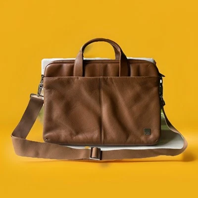 Maletín de cuero para computadora portátil KNOMO London (exterior de coñac/interior amarillo) Foto 1 de 4