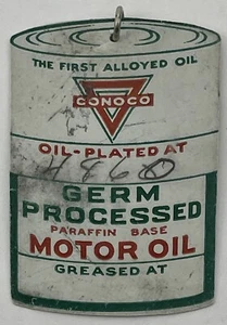 Vintage Conoco Germ Processed Oil Plated Grease Celluloid Reminder Tag Stick Pin - Picture 1 of 11