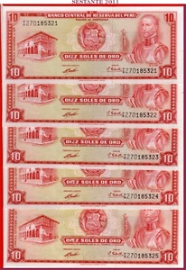 PERÚ' 10 SOLES DE ORO 9 9 1971 Lote 5 piezas P 100b UNC envío gratuito desde 100 $ - Imagen 1 de 5