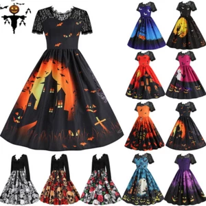Halloween Women Lace Pumpkin Fancy Dress Costume Ladies Party A-Line Swing Dress - Picture 1 of 63