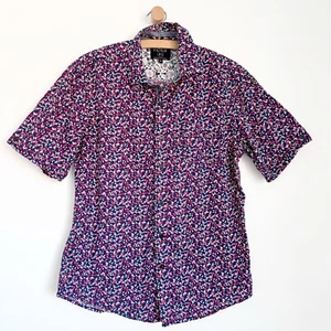 Filter Navy & Red Floral  Men’s Button Down Short Sleeve Slim Med 4th Of July - Picture 1 of 7