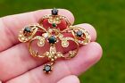 Ant. Victorian 14kt Yellow Gold Sapphire, Diamond, &amp; Seed Pearl Brooch / Pendant