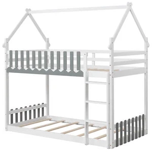 Twin Over Twin Bunk Bed w/ Fence & Ladder Solid Wood Floor Bunk Bed for Kids - Picture 1 of 10