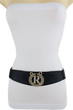 Women Gold Metal Shiny Leaf R Fancy Charm Hip Waist Black Color Fashion Belt S M