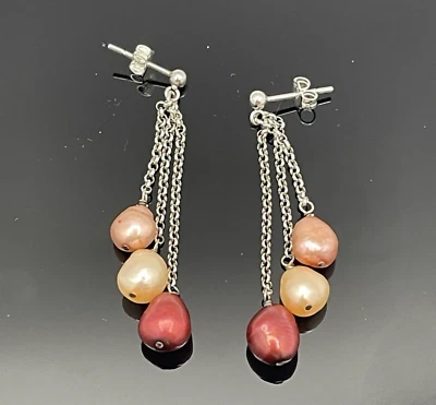 Red Pink Beige Pearl Sterling Silver 3 Strand Drop Earrings Signed 925 TGGC - Image 1 of 4