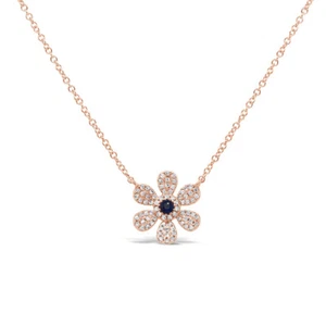 14K Rose Gold Blue Sapphire Diamond Flower Pendant Necklace Natural 0.23 CTW - Picture 1 of 3