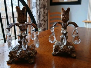 Vintage Pair of Hollywood Regency Brass MCM Candle Holders w/ Crystal Charms - Picture 1 of 5