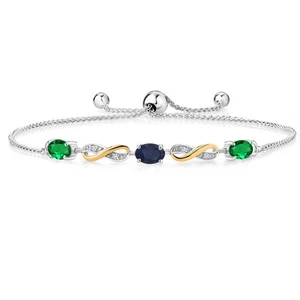 1.39 Ct Green Nano Emerald Blue Sapphire 925 Silver and 10K Yellow Gold Bracelet - Picture 1 of 3