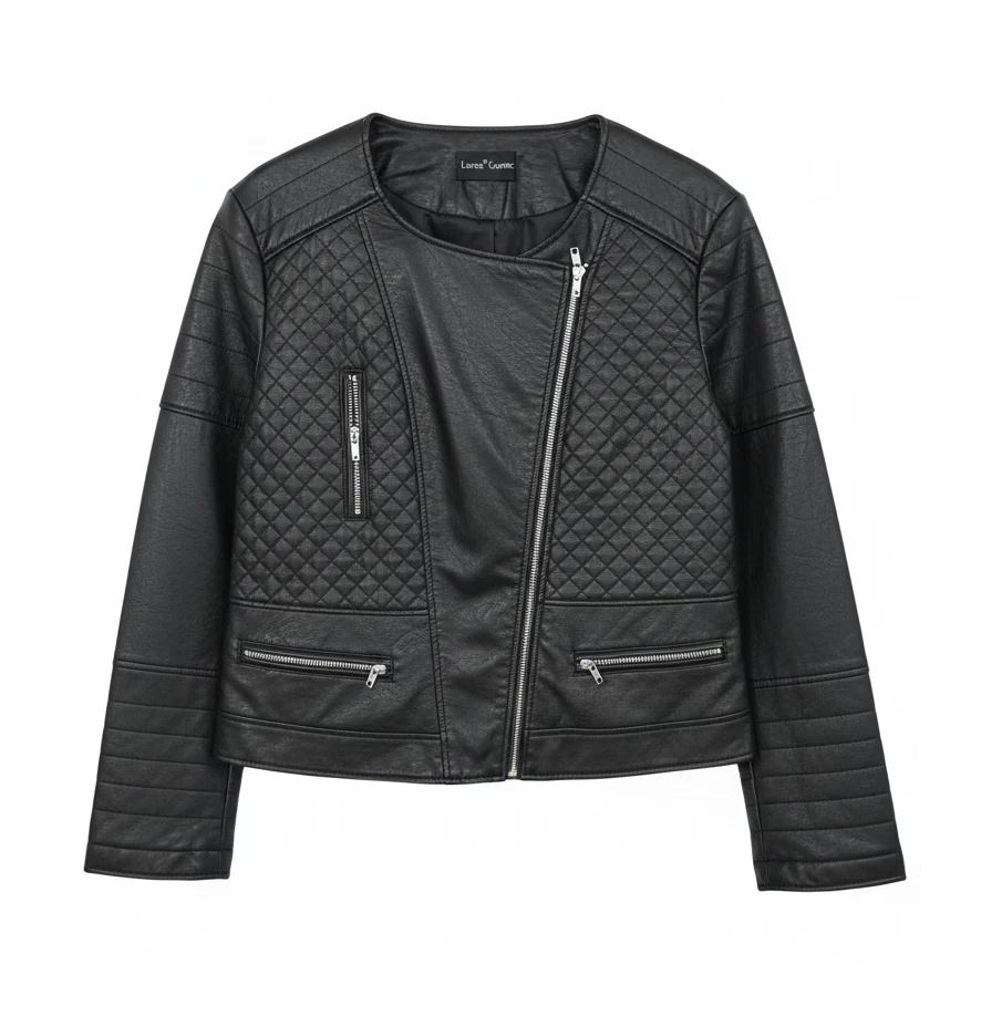 Women's Black Leather Jacket with Zip-Up Front and Three Front Pockets - Image 1 of 1