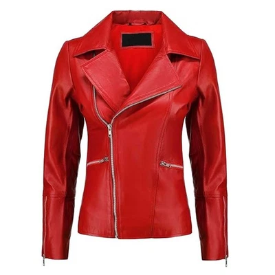 Women's Red Biker Leather Jacket Genuine Slim Fit Moto Zip Stylish Coat - Image 1 of 4
