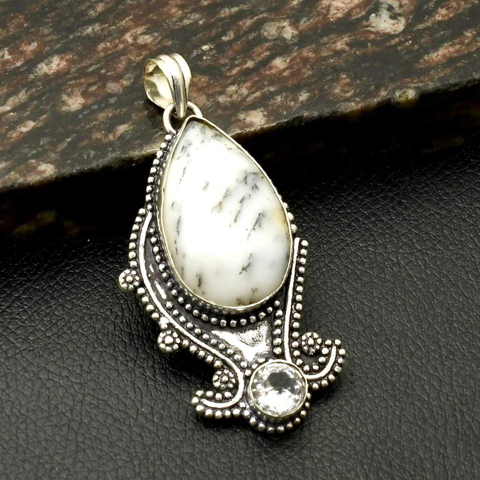 Dendrite Opal White Topaz Gemstone Ethnic Handmade Pendant Jewelry 2.4" AP-28064 - Image 1 of 1
