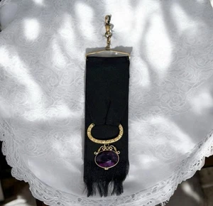 Victorian Mourning Black Ribbon With Gold Filled Amethyst Glass Watch Fob - Picture 1 of 9