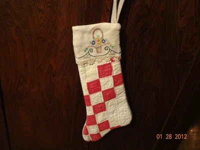 Antique Quilt Piece Made Into a Lovely Christmas Stocking 22"L (plus 4" hanger) - Image 1 of 4