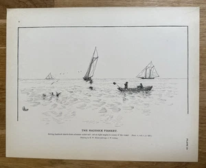 Schellfischschleppnetze vom Schoner unter Segel 1887 orig. Antiker Angeldruck - Bild 1 von 9