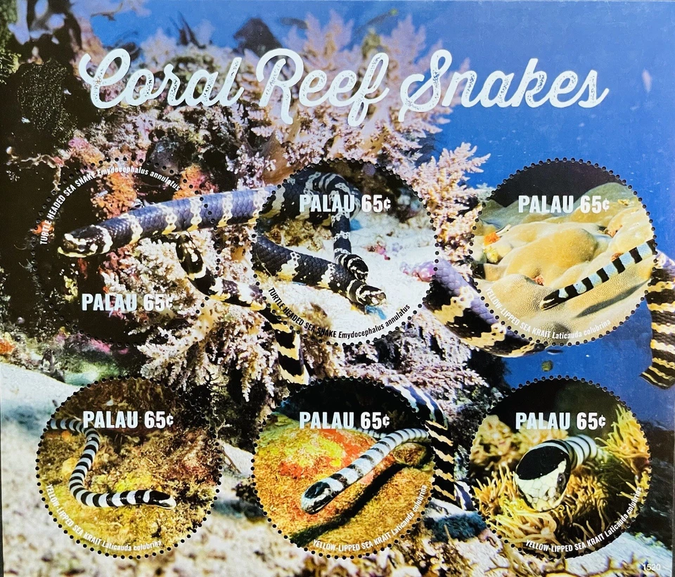 HOJA DE SELLOS EN FORMA DE CÍRCULO SERPIENTES ARRECIFE DE CORAL PALAU 2015 MNH VIDA MARINA REDONDA Foto 1 de 1