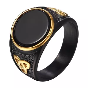 Black Onxy Signet Ring for Men: Stainless Steel Vintage Oval Natural Stone Bi... - Picture 1 of 6