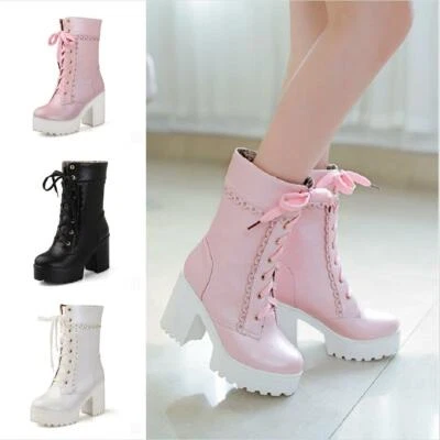 Lolita Women Round Toe Platform Block Heel Lace Ups Punk Combat Ankle Boots Chic - Image 1 of 4