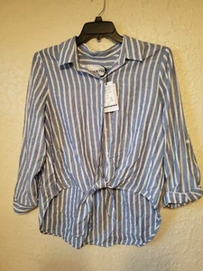 NWT Lola River Womens SZ L Violet Elemental Blue Button Up/Tie Bottom Blouse - Picture 1 of 3