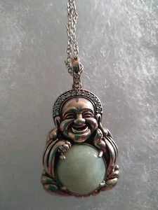  VINTAGE STERLING BUDDHA PENDANT w/Czs & LIGHT GREEN JADE BELLY STERLING Chain - Picture 1 of 17
