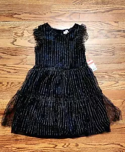 NEW Cat & Jack Girls Party Holiday Dress Black Gold Stripe Ruffle Sleeves 10-12 - Picture 1 of 5