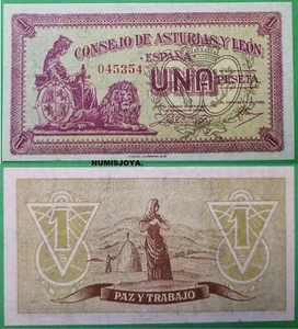Consejo Asturias y León billete de 1 peseta 1937. 045354 SIN CIRCULAR PLANCHA. - Picture 1 of 1