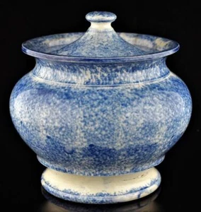 BLUE SPATTERWARE SUGAR BOWL- BLUE SPONGEWARE SUGAR BOWL 19THc - 5" HIGH - Picture 1 of 12