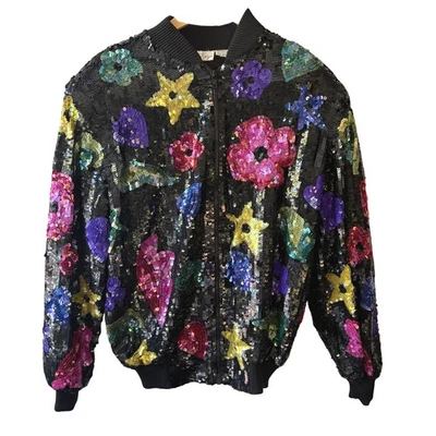 Vintage Sequin Bomber Jacket Floral Star Silk Rayon Laurence Kazar Party L - Image 1 of 4