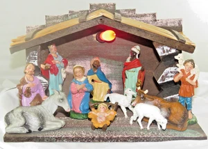 Vintage Italian 11 Piece Christmas Nativity Set w/ Creche & Working Light NICE - Picture 1 of 24