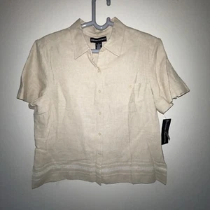 NWT Norton McNaughton Top Womens Button Up Short Sleeve Linen Taupe Beige Large - Picture 1 of 6