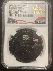 DONALD TRUMP 2024 CAMEROON PROOF SILVER OBSIDIAN NGC PF70 HR Ultra Cameo - Picture 1 of 5