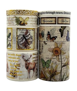 8 Rolls Vintage Washi Tape Set, 40/30/20/15/10/5/Mm Wide Natural Forest Deer Jap - Picture 1 of 4