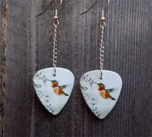 Dangling Musical Hummingbird Guitar Pick Earrings - Picture 1 of 3