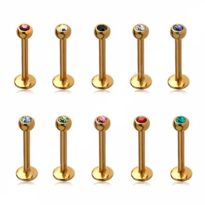 2X 1,2mm Gold Labret Monroe Tragus Ohr Lippen Piercing Stecker 11 Farbe Kristall - Bild 1 von 4