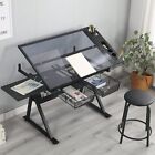 Adjustable Tempered Glass Drafting Table with Black Stainless Steel Chair