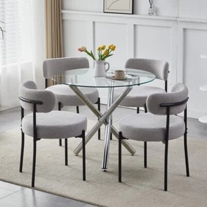 5Pcs Modern Dining Table Set 4 Chairs Glass Table with 4 Boucle Kitchen Chairs - Picture 1 of 10