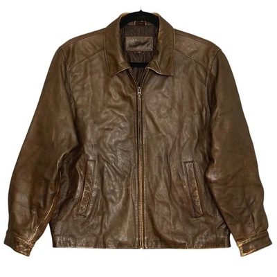 Vintage Distressed Brown Leather Mens Jacket L Well Worn Bomber Aviator Biker - Image 1 of 4
