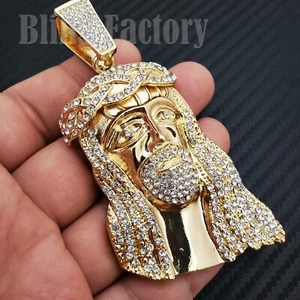HIP HOP ICED 14K GOLD PLATED ALLOY CUBIC ZIRCONIA JESUS HEAD LARGE CHARM PENDANT - Picture 1 of 4