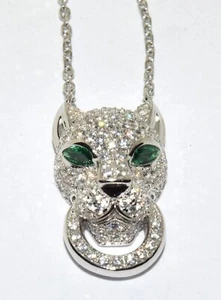 Sterling Silver Emerald Eye Panther Head Pendant and Chain - Picture 1 of 4