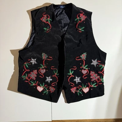 Vtg 90s Velvet Karen Scott Christmas Vest Large Black Embroidered Ugly Sweater - Image 1 of 3