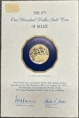1975 Belize Gold Proof 100 Dollar Coin 0.5 Fine 0.0998 AGW Original Card - Image 1 of 4