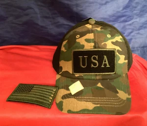MEN'S CAMO Black Mesh CAP Removable Patches Includes USA & FLAG * Adjustable - Picture 1 of 6
