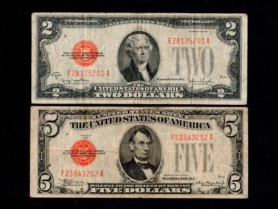 Lot of Two $5 1928-C & $2 1928-G Red Seal United States Notes Free Shipping (H80 - Image 1 of 2