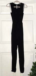 Lulu's Sleeveless V Neck Black Jersey Knit Tie Belted Jumpsuit Size Small - Picture 1 of 7