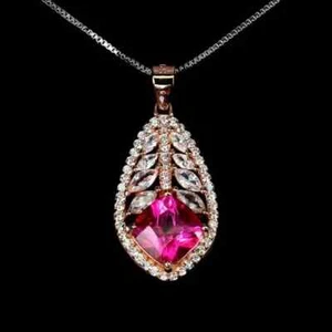 14k Yellow Gold Plated 3.00Ct Cushion Lab-Created Pink Ruby Leaf Pendant Women's - Picture 1 of 4